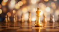 Golden chess king piece stands prominently on wooden chessboard with warm bokeh lights creating elegant atmosphere for strategic business concepts.