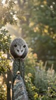 Young opossum perched on wooden fence post in natural garden setting with warm sunlight filtering through green foliage creating bokeh background.