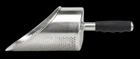 Stainless steel dustpan with black handle, isolated on transparent background. Ready for clipart, print-on-demand, t-shirt design, sublimation, and design projects.