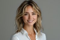 Young blonde woman with wavy hair wearing white button-up shirt smiling confidently against gray background, professional headshot style portrait.