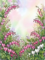 Watercolor bleeding heart flowers framing a soft pastel background, pink and white Lamprocapnos blooms with lush green foliage, botanical art.