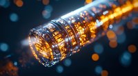 Glowing digital cylinder with binary code pattern and orange light effects on dark background with bokeh, representing data encryption and cybersecurity concept.