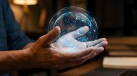 Hands holding glowing cosmic sphere with stars and galaxies, representing universe connection, spiritual energy, and mystical power in warm indoor setting.