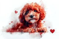 Adorable red poodle puppy with green eyes in watercolor style surrounded by heart shapes on white background, artistic pet portrait composition.
