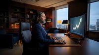 Mature male professional in business suit working at desk in modern office, analyzing upward trending financial graph on computer monitor, cityscape visible through windows.