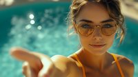 Young woman in sunglasses smiling at camera near swimming pool on sunny summer day, warm teal water background creates relaxing poolside atmosphere.