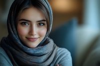 Young Middle Eastern woman wearing gray hijab headscarf smiling warmly at camera with natural makeup and gentle expression in soft indoor lighting.