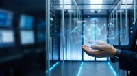 Professional holding glowing digital network structure in server room with data center infrastructure, representing cloud computing, cybersecurity, and technology innovation.