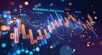 Digital data visualization with glowing charts and graphs showing market trends and financial analytics on dark background with bokeh lights.