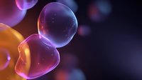 Glowing translucent spheres with orange and purple gradient colors floating in dark space, abstract microscopic cells with bokeh effect and soft illumination.