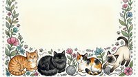 Adorable cats border frame with floral elements and yarn balls on cream background for greeting cards, invitations and decorative projects.