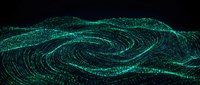 Flowing digital particles create swirling wave patterns in glowing cyan and teal against dark background, representing data flow, technology, and digital transformation concepts.