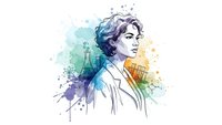 Young professional woman portrait with colorful watercolor splash background for creative design projects and artistic presentations.