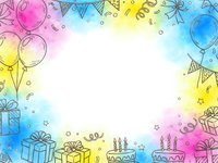 Colorful watercolor birthday party frame with gift boxes, balloons, cakes and festive decorations on white background for celebration designs.