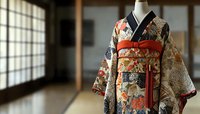 Traditional Japanese kimono with ornate floral and geometric patterns in navy blue, red, and gold tones displayed on mannequin against blurred tatami room background.