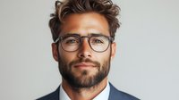 Young professional businessman with beard and glasses wearing gray suit against light background, confident modern executive portrait.