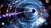 Glowing spiral tunnel with blue light particles and bokeh effects creating futuristic space-time wormhole visualization against dark background.