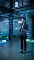 Professional Asian businesswoman interacting with futuristic holographic interface displaying data analytics and charts in modern corporate office environment.