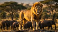 Majestic male lion with golden mane standing proudly in African savanna at sunset with acacia trees and elephant herd in background creating wildlife scene.