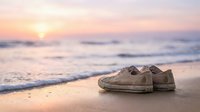 Pair of worn canvas shoes resting on sandy beach at sunrise with gentle waves and soft golden light reflecting on wet sand, suitable for travel, lifestyle, and nostalgic themes.