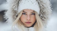 Young blonde woman with blue eyes wearing white fur hat in winter snow scene, close-up portrait with soft blurred background.