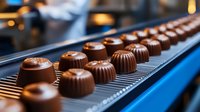 Fresh chocolate pralines on conveyor belt production line, artisanal confectionery manufacturing process showing rows of round bonbons with detailed texture and shine.