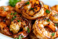 Grilled jumbo shrimp with garlic butter sauce and fresh herbs, close-up macro shot showing caramelized texture and seasoning on white plate. Perfect for restaurant menu.