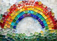 Vibrant mosaic rainbow made from colorful glass tiles against textured sky background, featuring red, orange, yellow, green, and blue curved bands in artistic arrangement.