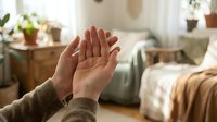 Hands pressed together in prayer or meditation gesture in cozy bedroom interior with natural lighting and houseplants creating peaceful spiritual atmosphere.