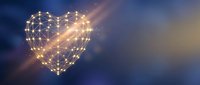 Digital heart network with glowing connections and nodes on gradient background for technology, love, healthcare and innovation concepts.
