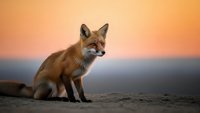 Red fox sitting on rocky terrain during golden hour sunset with warm orange sky background creating stunning wildlife portrait.