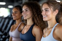Diverse group of young women in sportswear smiling during workout at fitness center. Healthy lifestyle and wellness concept showing friendship and motivation.