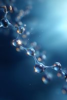 Molecular structure with connected glass spheres on deep blue background with bokeh effect and light reflections. Scientific concept for chemistry and research.