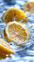 Fresh lemon slices splashing in clear water with dynamic water drops and ripples, macro photography showing detailed citrus texture and juicy pulp segments.