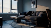Modern living room interior with black cat on gray sofa, dark walls, large windows with city view, wooden coffee table and geometric rug for home decor.