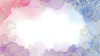 Watercolor floral frame with golden line art roses and leaves on gradient pink blue purple background for wedding invitations and romantic designs.