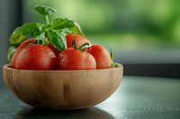 Fresh ripe tomatoes with water drops and green basil leaves in wooden bowl on dark surface against blurred green background, macro food photography.