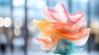Delicate abstract waves in soft pink, peach and teal colors create flowing organic shapes against blurred background with bokeh lights, suitable for modern interior decor.