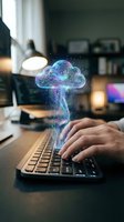 Hands typing on laptop with glowing holographic cloud computing data visualization emerging from keyboard in modern office workspace for technology concepts.