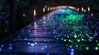 Magical nighttime boardwalk with glowing blue and green bokeh lights reflecting on wet wooden planks, illuminated by warm lanterns creating dreamy perspective path.