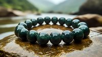 Dark green jade beaded bracelet on wet stone against blurred natural background, showcasing luxurious mineral jewelry with smooth polished spherical stones.