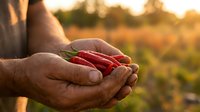 Farmer hands holding fresh red chili peppers at sunset in agricultural field during harvest season for organic farming and spicy food production.