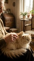 Senior woman gently brushing fluffy Persian cat at home creating peaceful bonding moment in cozy living room with warm natural lighting.