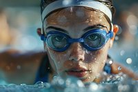 Young female swimmer in blue goggles emerging from pool water with water droplets on face, intense focused expression during competitive swimming training session.