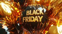 Golden glowing text Black Friday on dark background with sparkles and bokeh lights creating festive holiday shopping atmosphere for seasonal sales promotion.