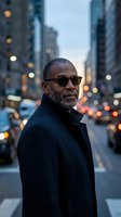 Mature African American man wearing sunglasses and dark coat stands in urban street with blurred city lights and skyscrapers at dusk, suitable for business, lifestyle, and professional portraits.