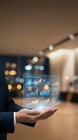 Businessman hand displaying holographic performance metrics dashboard with charts and graphs in modern office environment for business analytics presentation.