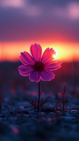 Pink cosmos flower silhouetted against dramatic sunset sky with vibrant orange and purple colors. Shallow depth of field creates dreamy atmosphere in garden setting.