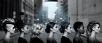 Young diverse group of men and women with varied hairstyles and ethnicities standing in profile against urban cityscape background, representing modern unity and inclusivity in contemporary society.
