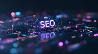 Glowing SEO text on futuristic digital circuit background with purple and blue bokeh lights, reflecting technology network concept for search optimization.